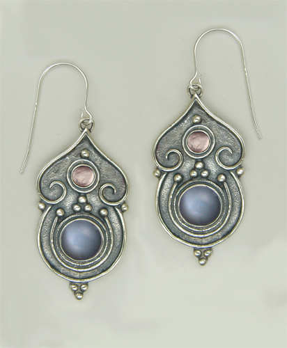Sterling Silver Gothic Inspired Drop Dangle Earrings With Grey Moonstone And Rose Quartz